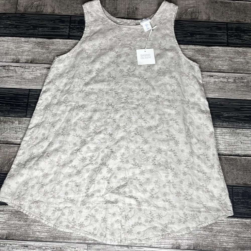 NEW Sigrid Olsen Linen Tank Top Womens Size Small Floral Embroidery Shirt